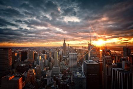 城市，纽约，房屋，摩天大楼，大都会，天空，太阳，日落，晚上