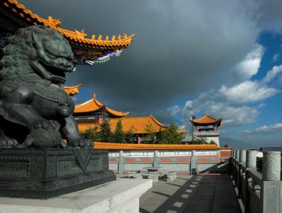 中国，雕塑，龙，房屋，天空，云