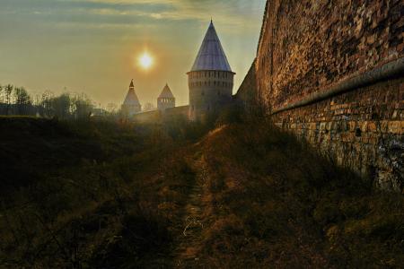 斯摩棱斯克，俄罗斯，堡垒，墙，天空，太阳，路径，城市