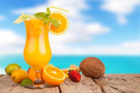 果汁，橘子，石灰，柠檬，草莓，椰子，美味，夏天，背景，海，天空