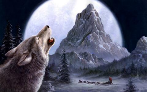 雪橇，狼，山，月亮，冬天，雪，夜