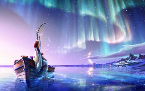 永恒的歌，女孩，竖琴，格陵兰，北极光，星星，天空，灯光，月亮，幻想