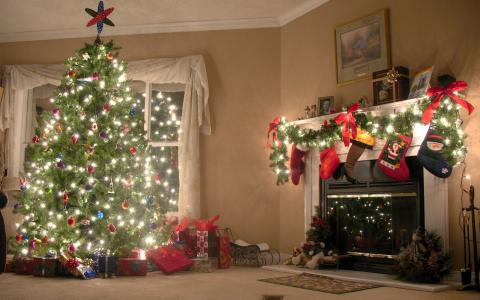 假日，房子，壁炉，圣诞树