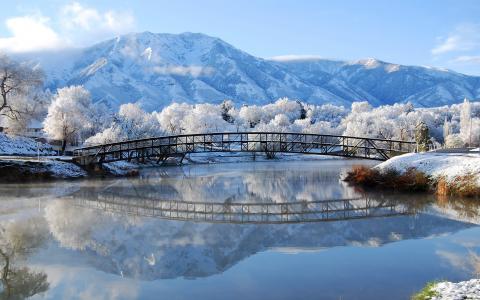 自然，白霜，桥，雪，山，冬天，河
