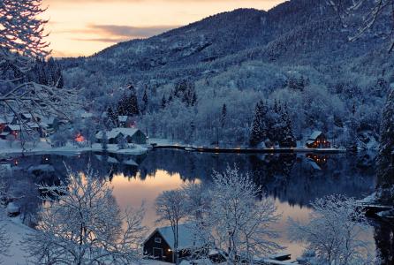 挪威，性质，冬季，山，村，森林，美丽，克里克，天空，日落