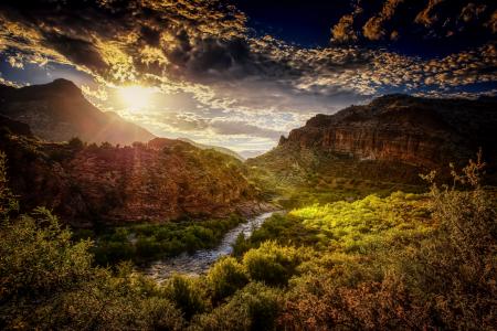 自然，盐河峡谷，亚利桑那州，日落，河，山，景观