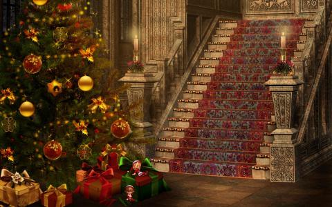 圣诞树，礼物，蜡烛，楼梯，地毯