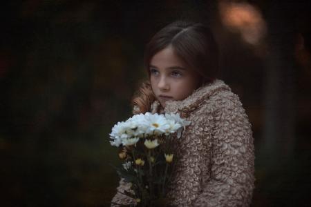 女孩，鲜花，雏菊，看，美，悲伤