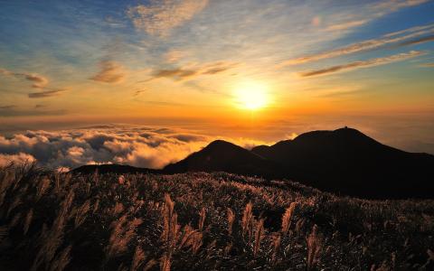 台湾，天空，山，植物，芒，云，太阳，傍晚的太阳