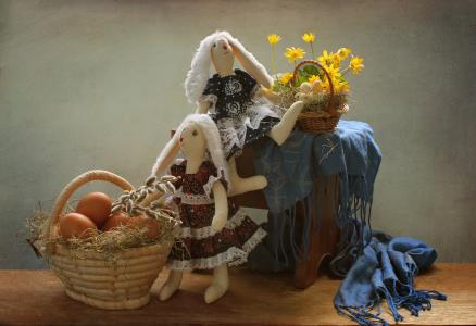 篮子，蛋，枝，柳，花，玩具，兔子，围巾