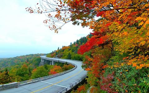 山，树，道路，桥梁，天空，秋，自然，宽屏