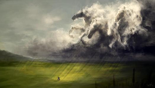 艺术，云，马，牛群，图，女孩，场，光线，雨