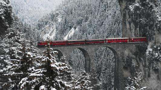 山，阿尔卑斯山，瑞士，脚手架，桥，火车，冬天，美丽