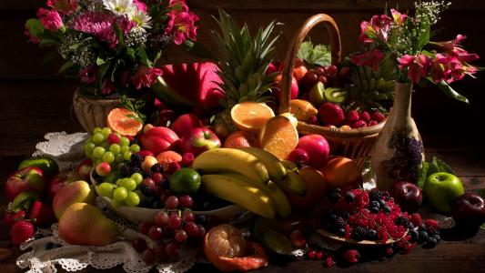 浆果，篮子，静物，水果，葡萄，花瓶