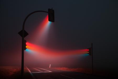 交通灯，夜晚，路，雾