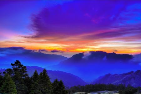 日落，山，云，顶视图，台湾