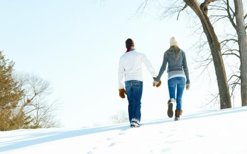 人，夫妇，女孩，家伙，冬天，步行，白，手，手套