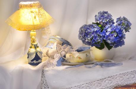 瓦伦蒂娜Kolova，桌布，花边，花瓶，鲜花，绣球花，送牛奶，灯，灯罩，盒子，辫子