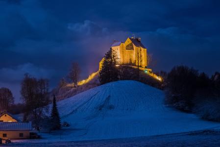 城堡，Waldburg，德国，夜，冬天