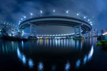 桥，日本，城市，灯，晚上