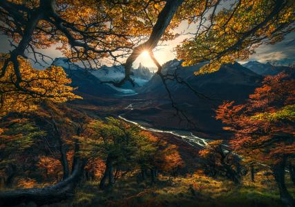 性质，秋天，照片，最大的里维，阿根廷，巴塔哥尼亚，山，谷，日落