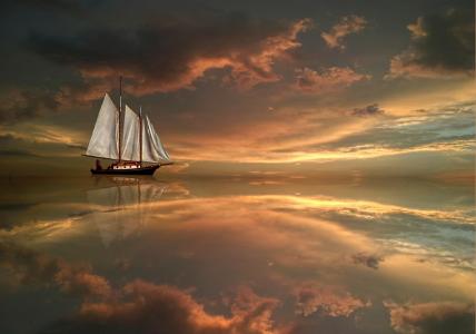海，天空，云，帆船，反射，维克托Periakin