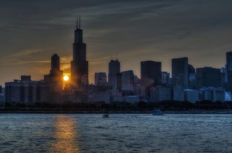 城市，早晨，太阳，摩天大楼，芝加哥，伊利诺伊州