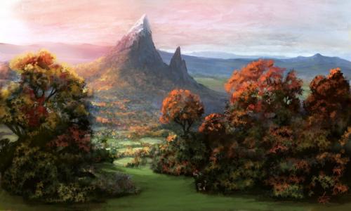 山，森林，天空，秋天，绘画