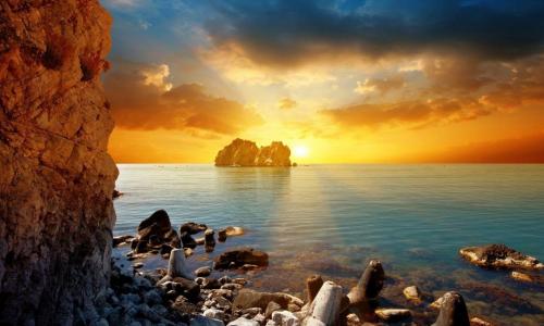 海洋，日落，太阳，岩石