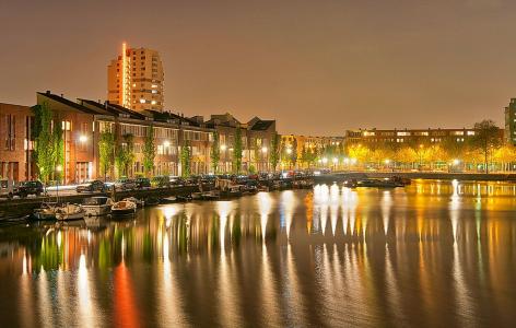 阿姆斯特丹，荷兰，城市，运河，美女，灯光，照明，反射，路堤
