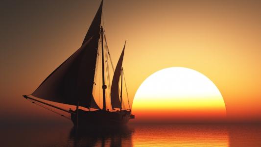 帆船，日落，海