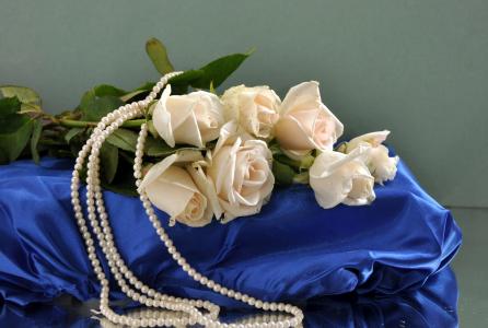 珍珠，玫瑰，珠子，花，丝绸，白色，花，花束