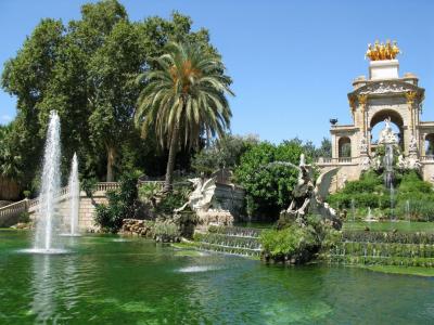 自然，景观，巴塞罗那，喷泉，池塘，雕塑，树木