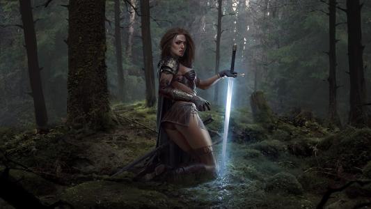 在森林里，女人，战士，剑，幻想