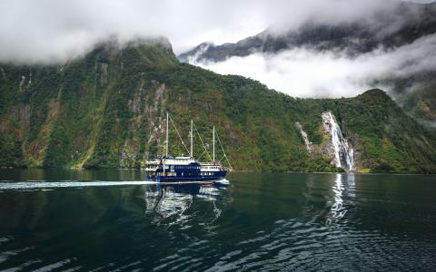 照片，大自然，新西兰，峡湾，山，瀑布，船舶，美丽