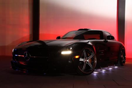 梅赛德斯 - 奔驰SLS amg，梅赛德斯 - 奔驰，SLS，amg，调谐，黑色，灯光，照明，尺寸，霓虹灯