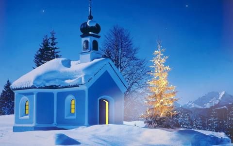 教会，新的一年，毛皮树，冬季，假期，圣诞节，雪