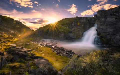 自然，挪威，国家公园，rondane，岩石，河，瀑布，太阳，光线