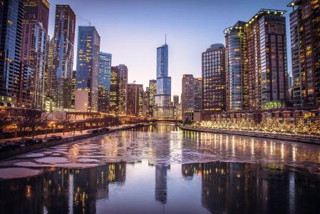 芝加哥，城市，大都会，摩天大楼，水，河，4k