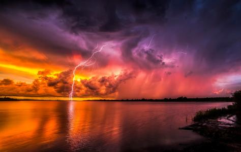 自然，闪电，晚上，云，雷，美丽，湖泊，1000000000伏，400000，危险