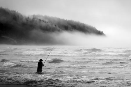 渔夫，雾，波浪，极端，钓鱼