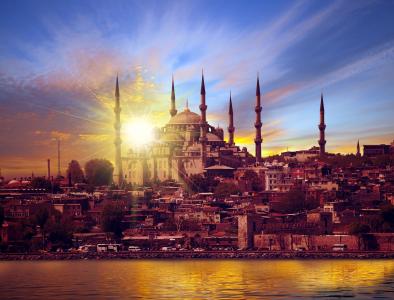 土耳其，房子，河，日落，天空，宫殿，伊斯坦布尔，城市
