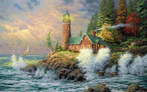 绘画，绘画，森林，房子，灯塔，帆船，海，美丽