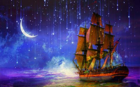 船，帆船，海，夜，月牙，星星