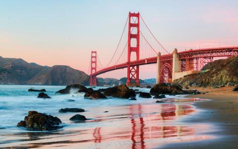 海滩，金门in，悬索桥，旧金山，水，美国，早上，德里克slagle照片，城市，加州，旧金山，金门大桥，沙滩