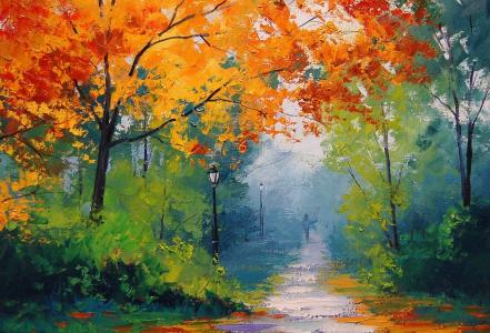 秋，路径，灯，树，artsaus，公园，黄色，艺术