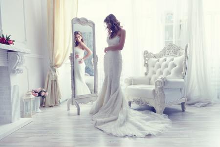 新娘，镜子，房间，白色，裙子，扶手椅