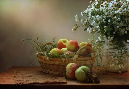 静物，桌子，银行，鲜花，篮子，水果，苹果，餐巾，麻布
