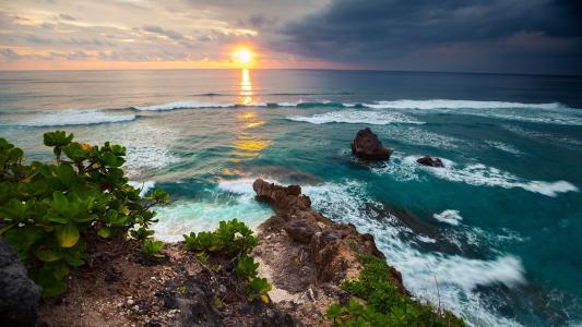 印度尼西亚，岛，巴厘岛，热带，景观，自然，海，波浪，日落