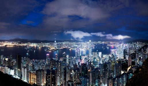 摩天大楼，中国，灯，香港，夜，香港，大都会